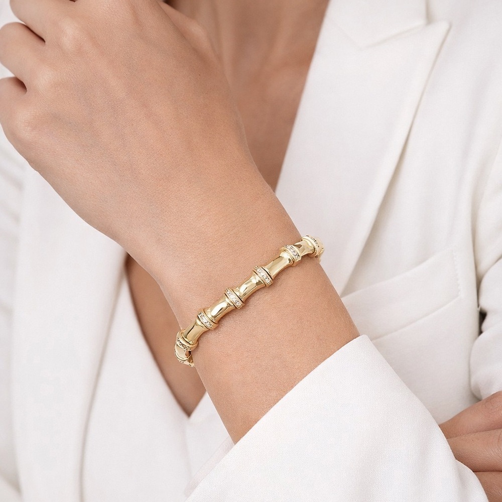 14K Gold Plated Bamboo Link Bracelet with Zircon Stones | Statement Jewelry - Picture 9 of 12